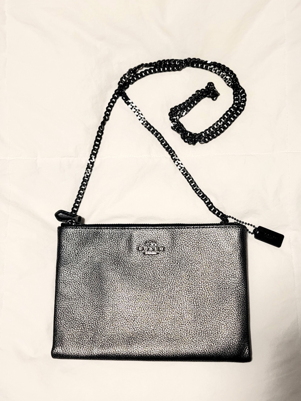 COACH Metallic Gunmetal Pebbled Leather Chain Crossbody Clutch Pouch